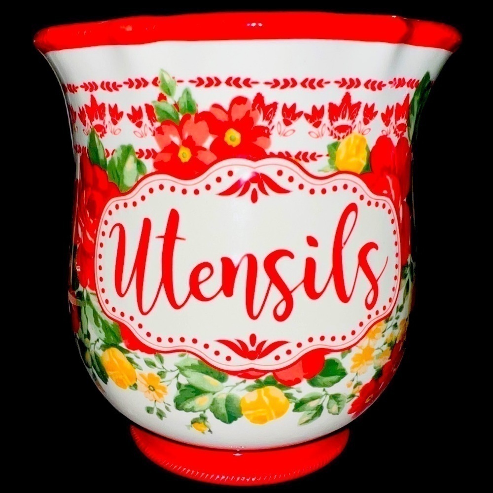 RETIRED Pioneer Woman Red Rim Floral Utensil Holder Planter